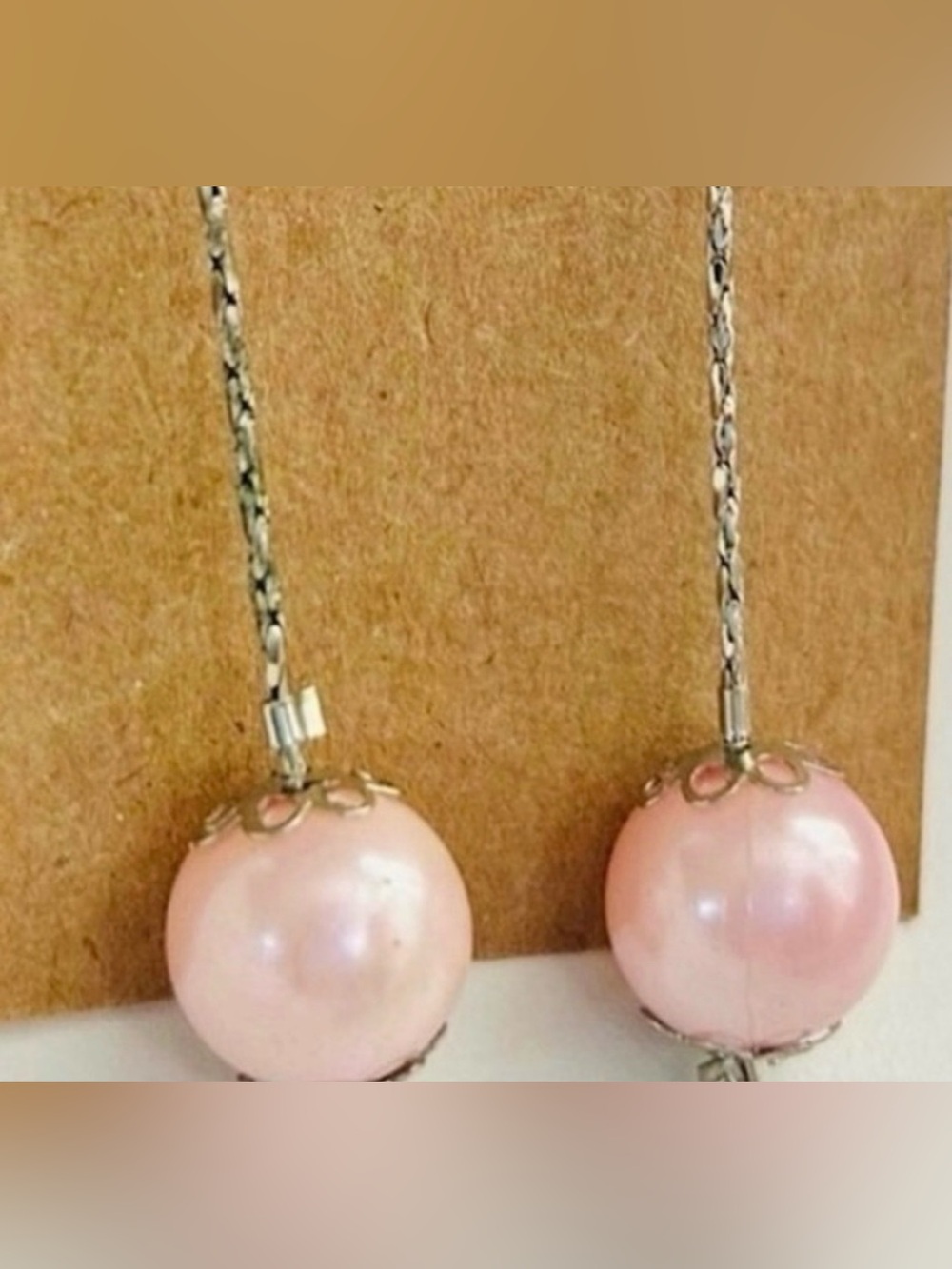Vintage Murano Style Pink Faux Pearl Beaded Dangle Earrings Silver Tone - Picture 4 of 8
